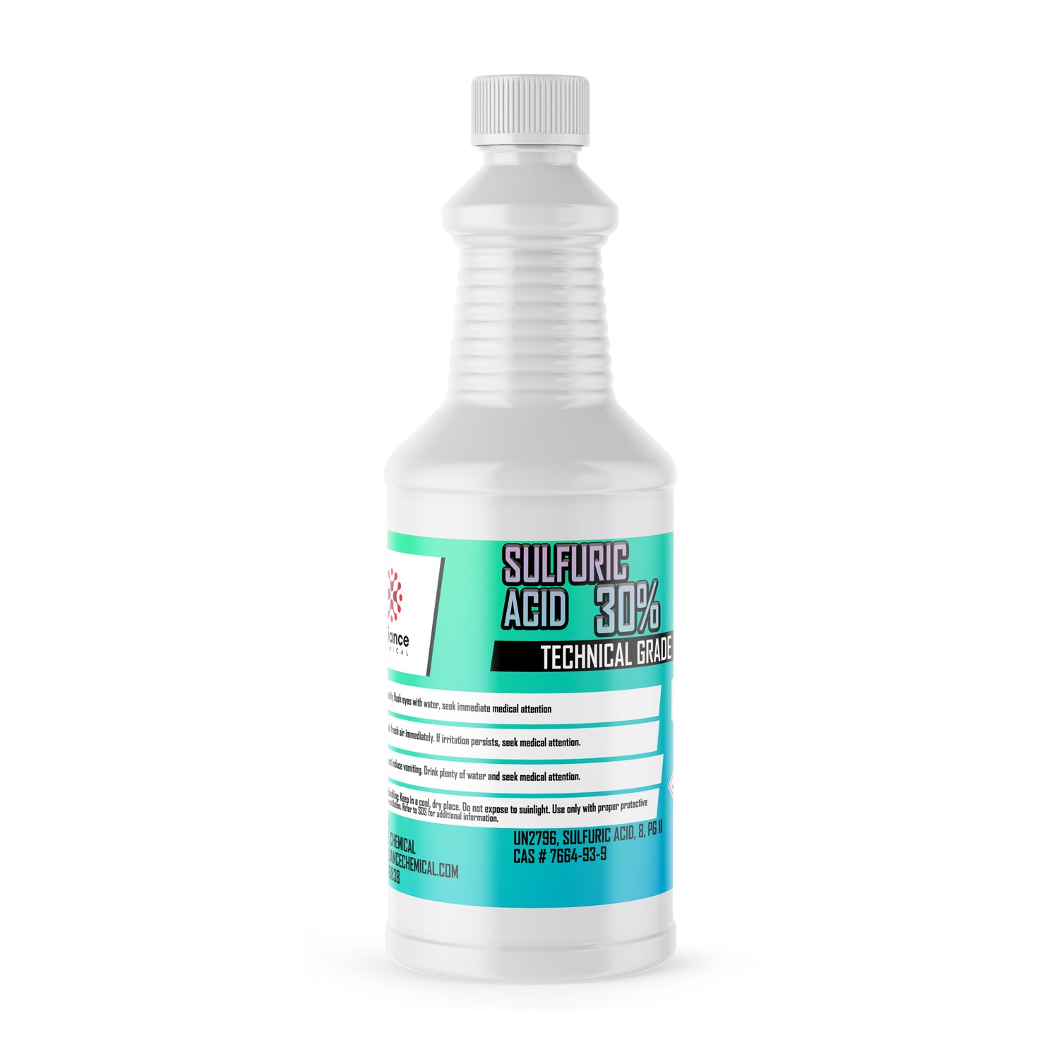 1-quart white HDPE bottle of technical-grade 30% sulfuric acid with turquoise safety label, child-resistant cap, and hazard warnings.